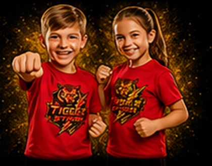 Two young Tiger Strike members in red club t-shirts